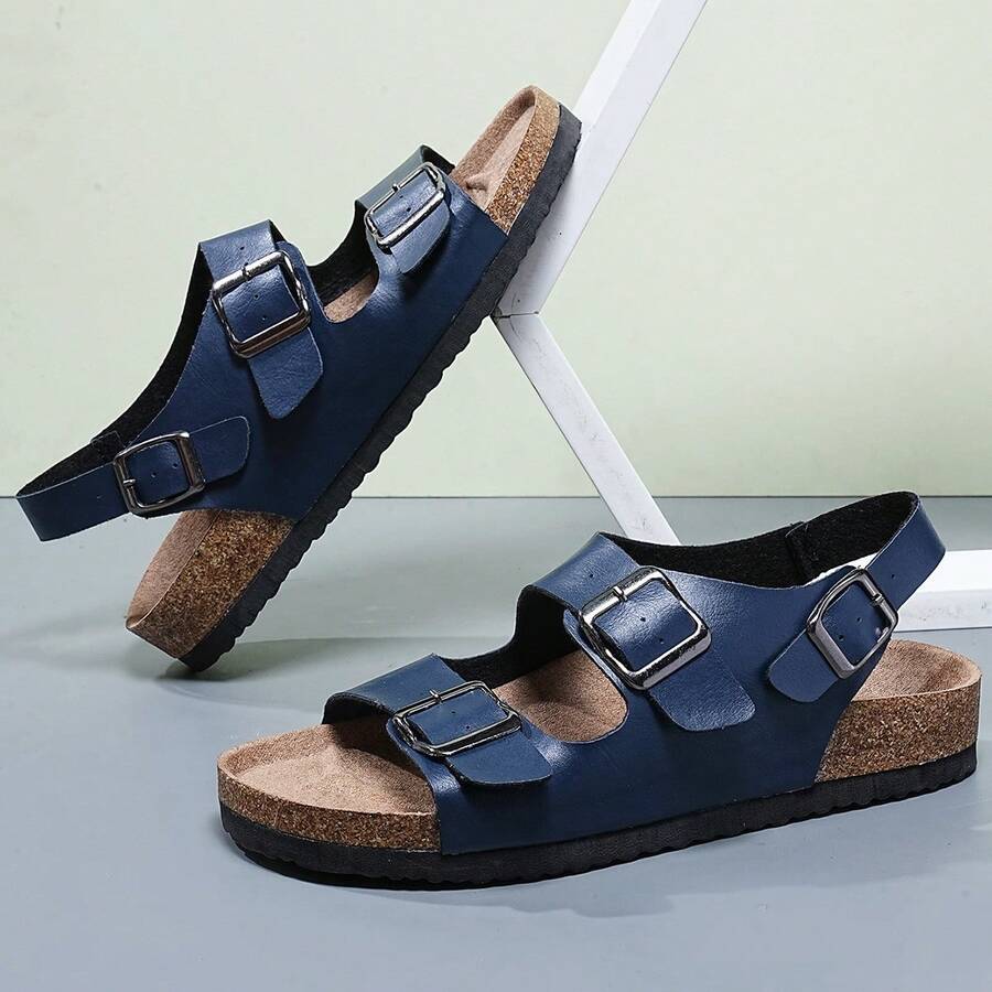 Sandalias con doble hebilla en la parte trasera de color azul, suela de corcho suave, zapatos casuales transpirables y versátiles para el verano - Azul - Ver 1
