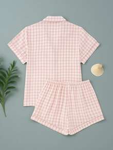 2pcs/Set Women Short Sleeve Button Collar Top And Shorts Pajama Set, Casual Loose Fit Homewear With Plaid Print, Basic Style Suitable For Both Indoor And Outdoor Spring/Summer - Pink - View 2