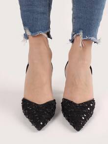 PU And Fabric, Open Heel At The Back, 8CM Heels. Beautiful And Comfortable - Black - View 3