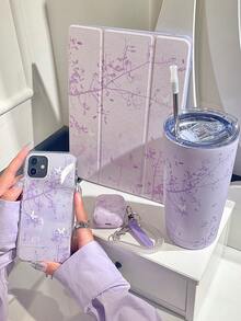 华丽的紫色花朵和树木字母双面亚克力水晶透明保护壳，具有睡眠/唤醒功能，兼容 iPad 和 - 彩色 - 查看 3