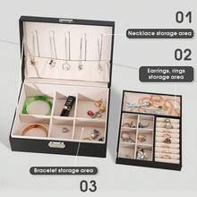 Jewellery Box Organiser Large Layer Earring Storage Organiser PU Leather Lockable Jewellery Case With Key For Necklace Ring Bracelet - Black - View 3