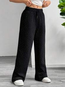 Pantalón de pierna ancha para mujer, diseño sexy, elegante y casual, tela de algodón y poliéster, apto para temporadas de primavera y verano, bolsillos funcionales, ajuste de cintura natural con resorte y cordón, con pequeña y elegante pedrería artificial y decorativa. Suave, fresco y ligero. - Negro - Ver 3