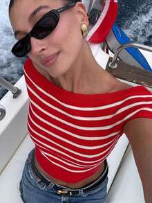 Women's Holiday Off-Shoulder Striped T-Shirt - Red - View 5