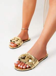 Women Flat Slide Sandals, Open Toe Gold Chain Design, Fashion Slippers For Summer Beach