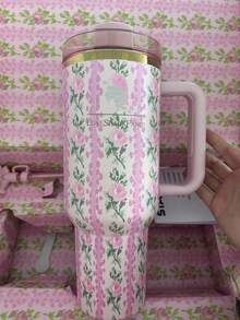 2025 The New 40 Oz Floral Travel Mug With Handle And Straw Lid Is Perfect For Sports, Fitness And Outdoor Adventures - Red And White Floral Design, High Capacity Insulation,Stylish Gifts For Valentine's Day, Christmas Or The Holidays - 粉色 - 查看 1