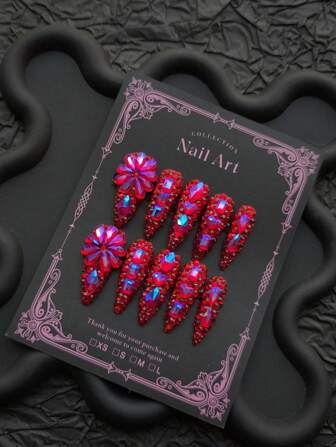 10 Pieces Handmade Press On Nails Manual Press Nails Red Rhinestones Nail Art Ornaments Nail Gel Glitter Rhinestone Nail Art Ornaments Art Nail Art Kit For Women Party Vacation Photos Weddin