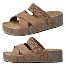 Women Sandals Solid Color Beach Sandals New Thick Bottom Braided Cross Casual Slippers - Light Brown - View 5