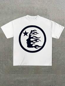 Plus Size Men's,Flame Formed Human Face Pattern Print,(1 Pcs )100% Cotton Casual Printed T-Shirt,Crew Neck Short Sleeve,220g  Cotton T-Shirt,For Going Out,Gift,Summer,Unisex - 白色 - 查看 1