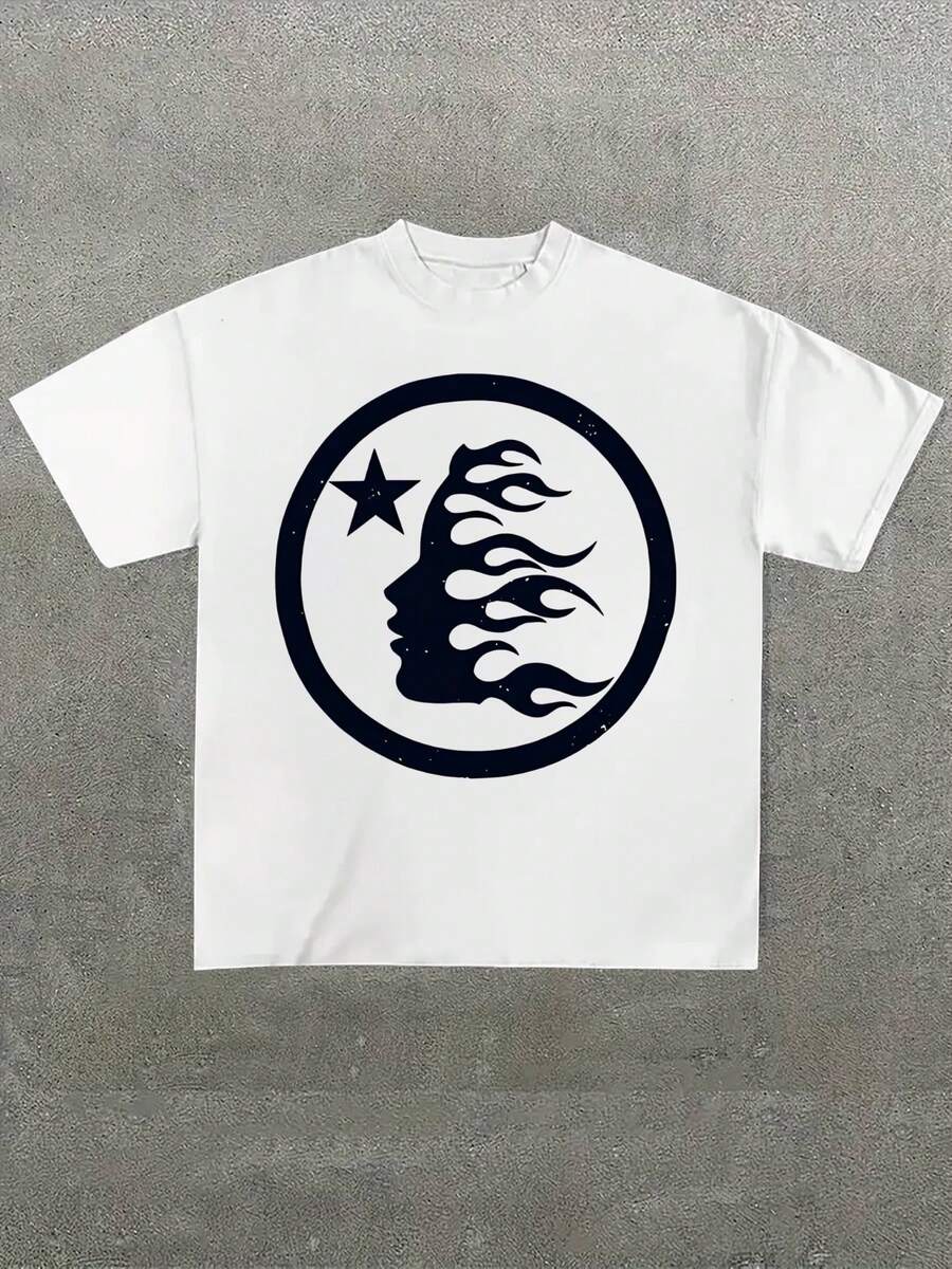 Plus Size Men's,Flame Formed Human Face Pattern Print,(1 Pcs )100% Cotton Casual Printed T-Shirt,Crew Neck Short Sleeve,220g  Cotton T-Shirt,For Going Out,Gift,Summer,Unisex - 白色 - 查看 1
