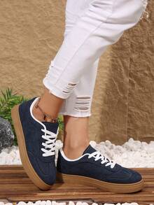 1 Pair Women's New Sporty Flat Lace-Up Shoes In Solid Navy Color, Modern Fashion Stylish Trainers For Outdoor, Street, Campus, Casual, Sports - Navy Blue - View 4