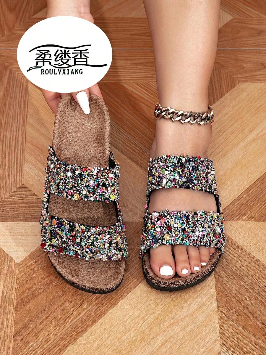 roulvxiang Dép lê đế cao lấp lánh dành cho nữ - Giày đi trong nhà bằng mút hoạt tính chống trượt, dép xăng đan thời trang cho ngoài trời và trong nhà