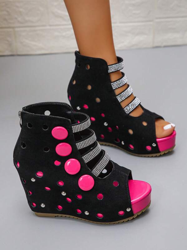 Women Sexy Strap Thick Bottom Wedge Rhinestone Sandals, Elegant Studded Design, Comfortable Open Toe Wedge Shoes Suitable For Summer, Party, Gatherings, Elevated Platform Wedge Boots