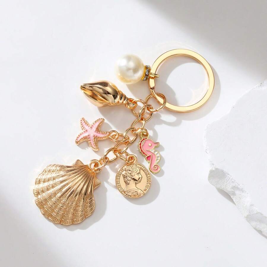 1 pièce Porte-clés style océan doré, pendentif de breloque coquillage, étoile de mer, hippocampe, fausse perle. Accessoire de voiture, de sac, breloque scolaire, fausse perle, gothique mignon Y2K