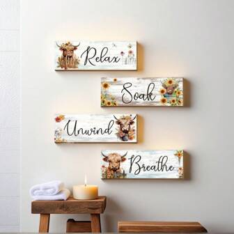 4 件高地牛主题木制墙面艺术套装，送给朋友和家人的独特礼物，浴室、卧室、厨房的家居装饰，艺术和工艺品材料