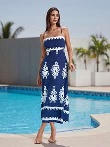 Women's Long Cami Dress Retro Print Sleeveless Spaghetti Strap Flowy A Line Dress With Pockets - Blue - View 5