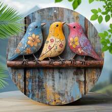 Charming Vintage Style 8"X8" Colorful Bird Wreath Metal Wall Plaque - Round Metal Decor With Rustic Finish, Blue, Yellow And Pink Birds On Branches, Suitable For Home, Homestay, Cafe, B&B Decoration | Vintage Wall Plaque | Vibrant Colors, Hole Style Random
