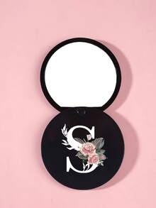 Specchio rotondo nero alla moda con iniziali floreali - Accessori da viaggio di design, specchietto mini scorrevole comodo, in materiale plastico, resistente all'usura e durevole, leggero, specchio da tasca, specchio per il trucco mini, nuovo design, adatto per uomini e donne, coppie, per uso quotidiano, appuntamenti, compleanni, festival, ritorno a scuola, estate, vacanze, spiaggia, pendolarismo, regalo di compleanno, regalo per le vacanze, regalo pensieroso per la festa della mamma, regalo pratico