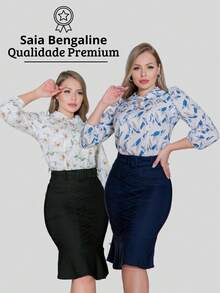 Kit 2 Women's Midi Skirts Premium Evangelical Social Fashion. - 黑色和藍色 - 查看 7