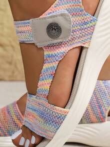 Plus Size Women's Casual Breathable Sports Sandals, Lightweight Slip-On Comfortable Fashion Sneakers, Knit Mesh Upper, Hook-And-Loop Fastener