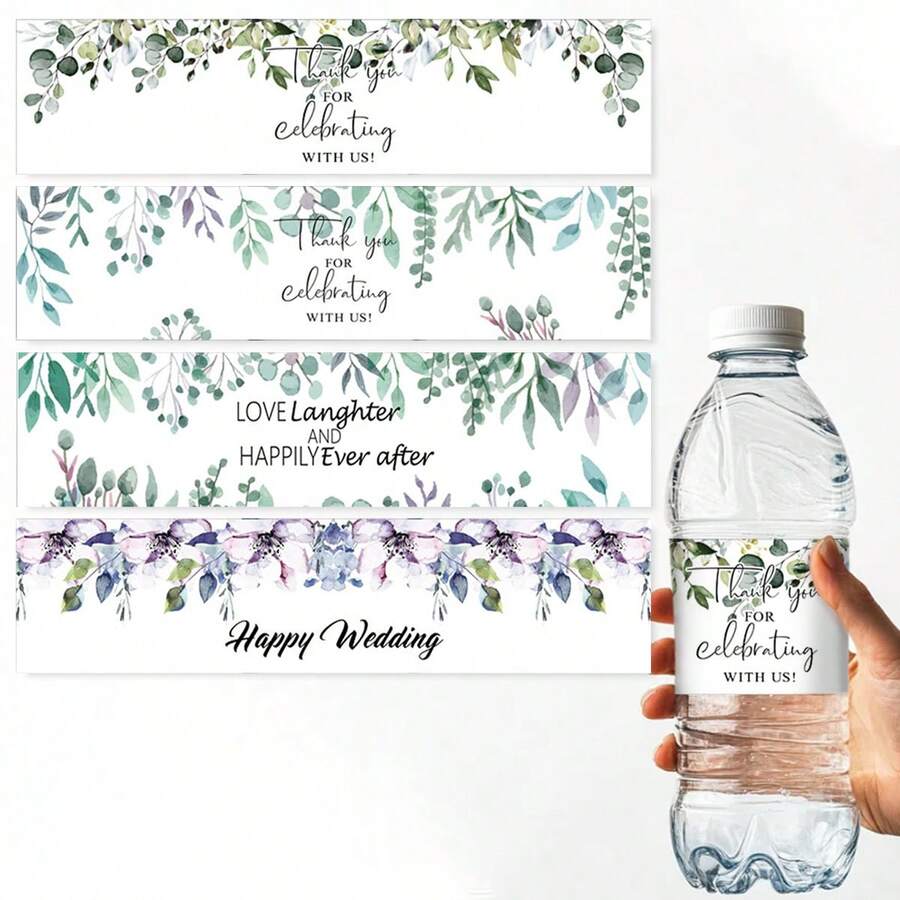 10 pièces/20 pièces Étiquettes de bouteilles d'eau de mariage heureux Merci d'avoir célébré avec nous. Housses de bouteilles d'eau à motif fleur d'eucalyptus. Décoration de fête d'anniversaire - Multicolore - Voir 1
