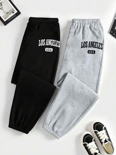 2 Piezas Pantalones deportivos con estampado de letra de cintura con cordón talla grande