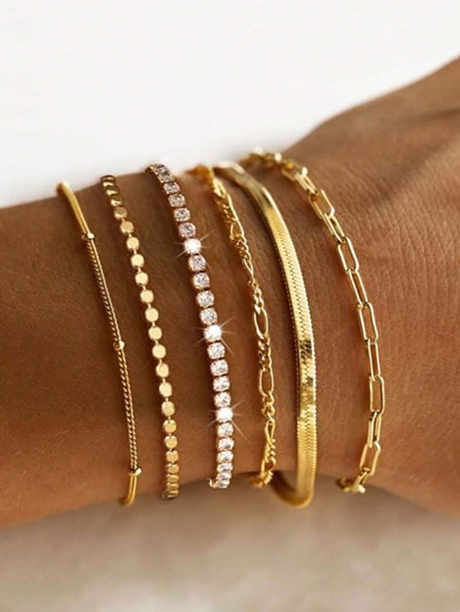 Set da 6 braccialetti alla moda minimalisti punk, adatti per uso quotidiano delle donne (lunghezza regolabile, non in base al numero di perle)
