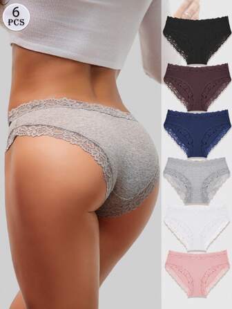FINETOO 6pcs Women's Lace Trim Romantic Pastoral Style Pure Cotton Bikini Panty, Comfortable Maillard Color Series