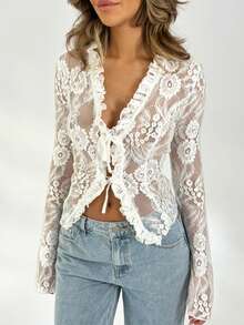 Women Y2K Lace Long Sleeve Tops Casual Sheer Basic Tie Front Shirt Blouses For Club Streetwear Aesthetic Clothes - 白色 - 查看 2