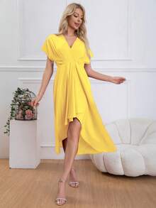 Vestido largo con escote en V para mujer, la falda es corta por delante y larga por detrás, diseño irregular, moderno, retro, elegante y atmosférico. - Amarillo - Ver 3