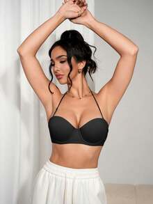 Hersunei 女士纯色带衬垫钢圈文胸，可转换挂脖式，四季皆宜，穿着舒适 - 黑色 - 查看 7