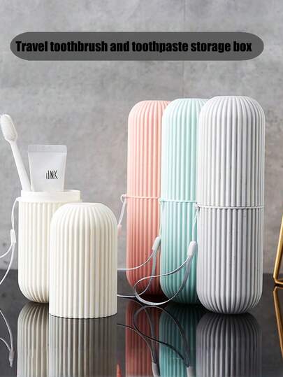 1 علبة تخزين بلاستيكية متنقلة إبداعية جديدة لفرشاة الأسنان ومعجون الأسنان، منظم متعدد الاستخدامات للسفر، حامل أدوات نظافة الفم لاستخدامها في السفر والرحلات والرحلات الرياضية والنزهات والنزهات وغرف السكن الجامعية، مناسبة أيضًا لتخزين أواني المائدة، وكوب أدوات التجميل المخطط، ضروريات العطلات والسفر ولوازم العودة للمدرسة
