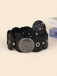 1 件装黑色 PU 圆盘拼接空心金属索环圆形女士腰带 夏季、秋季、万圣节