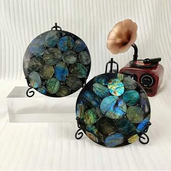 4.33-4.72 Inch Natural Labradorite Crystal Slice, Vintage Art Style Circular Mosaic Plate, Moonstone Decorative Item, Home Decor, Specimen Gift
