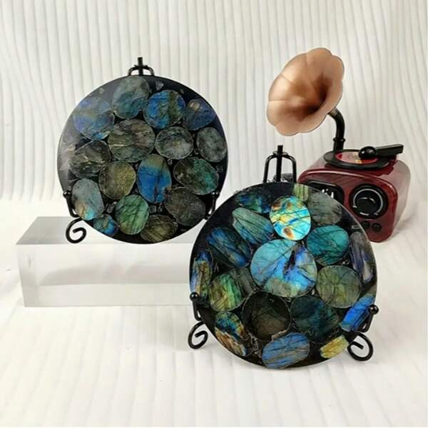 4.33-4.72 Inch Natural Labradorite Crystal Slice, Vintage Art Style Circular Mosaic Plate, Moonstone Decorative Item, Home Decor, Specimen Gift