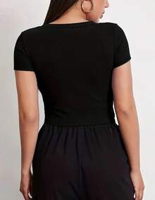 Playera Deportiva Con Estampado De cherry, Corte Casual, Cuello Redondo, Mangas Cortas, Ideal Para Correr, Ropa Deportiva Para Mujer - Negro - Ver 2