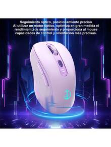Ratón silencioso inalámbrico - 4 modos de conexión: USB2.4G/BT4.0/BT5.0/conexión por cable - 4 niveles de DPI - con indicador de batería - con iluminación RGB - material antideslizante en el lateral - suspensión inteligente y ahorro de energía Diseño - Diseño ergonómico - Material ABS - Compatible con múltiples dispositivos y sistemas - Apto para teléfonos móviles, ordenadores, tablets - Morado - Ver 3