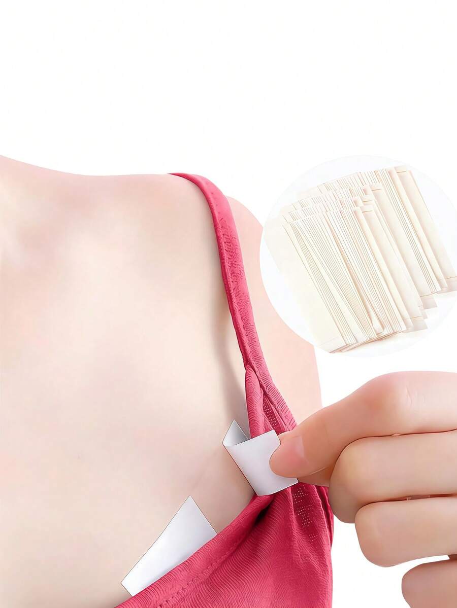 144片时尚胶带，专为服装设计。这是一款强力双面胶带。这款透明身体胶带适用于皮肤，无色透明。作为服装配饰，它可以防止服装损坏。这是一款耐用的织物胶带，适用于连衣裙、胸罩和上衣。它是一款多功能的胸贴、皮肤胶带和卷边胶带。 - 彩色 - 查看 1