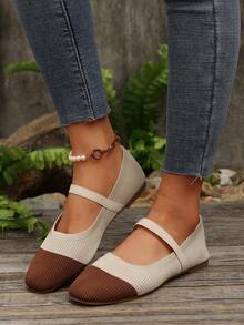 2025 Autumn Women Casual Soft Bottom Square Toe Elastic Band Color Block Flats, Suitable For Indoor And Outdoor Wear,Ballet Flats - Beige - View 6