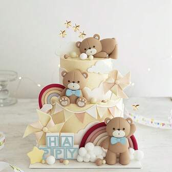 8 件套蓝粉色蝴蝶结棕熊蛋糕装饰适用于生日派对蛋糕装饰用品