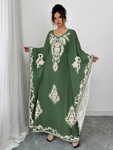 Printed Loose Waist Reversible Modest Abaya For Women - Dark Green - View 3
