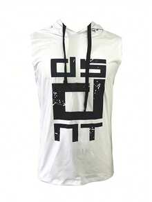 Men's Letter Print Casual Comfortable Sleeveless Hooded Gym Fitness Basketball Running Sport Tank Top, Stretchy Activewear For Spring/Summer - White - View 6