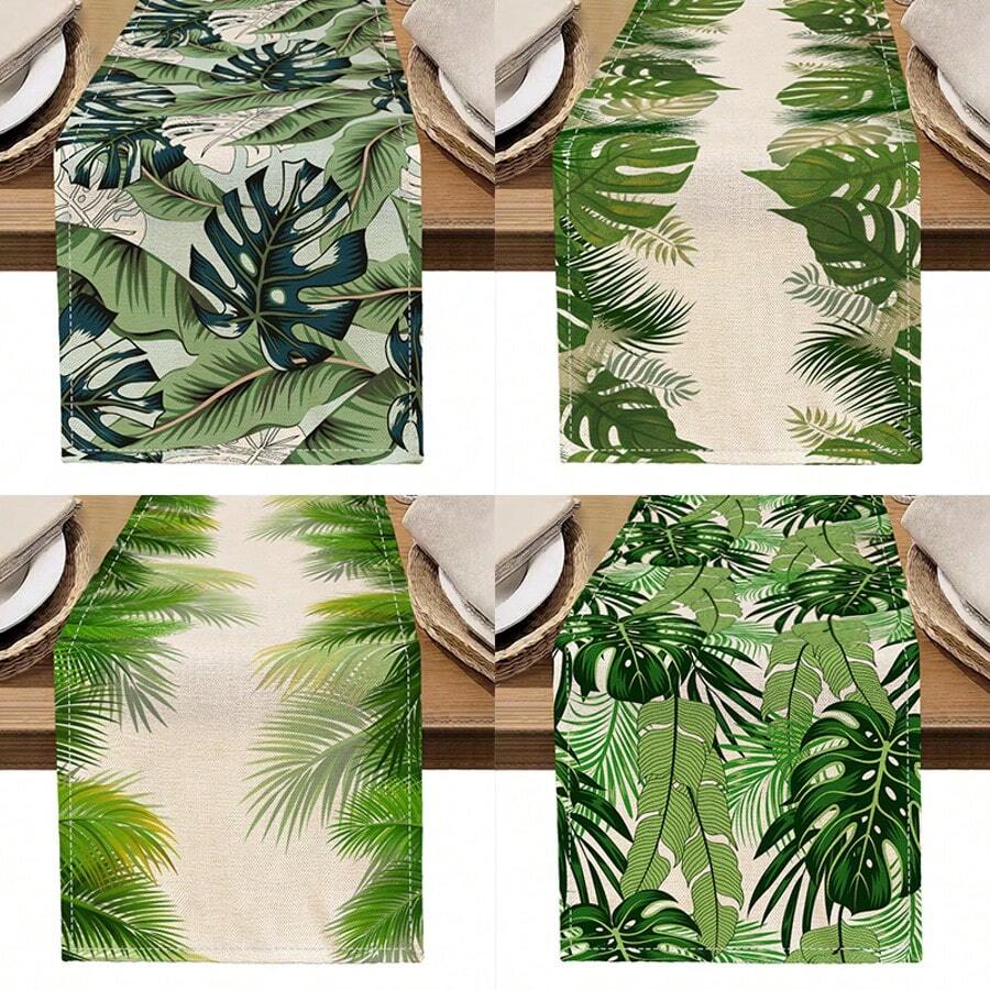 1 件绿叶和棕榈叶印花桌旗，适合节日、派对、生日、晚宴、厨房和餐桌装饰、四季家居和客厅纺织品装饰