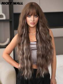 NICKY WALL 36 Inch Extra Long Brown Wavy Wig For Fashion Women Curly Wig With Bangs Highlight White Hair High Quality Heat Resistant Fiber Natural Synthetic Fluffy Wig For Girls Daily Party Cosplay Use