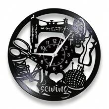 Reloj de pared de vinilo vintage con silueta de máquina de coser, punto de cruz, acolchado, obra de arte retro para decoración de sastre y habitación, reloj de pared silencioso de cuarzo, reloj digital despertador