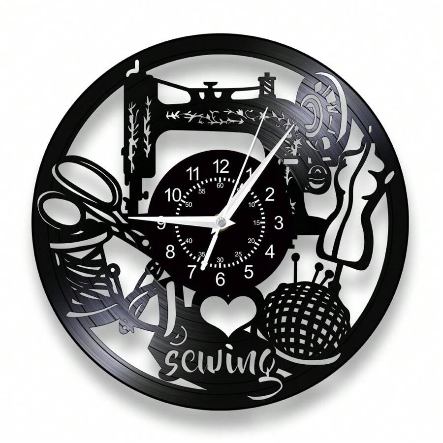 Reloj de pared de vinilo vintage con silueta de máquina de coser, punto de cruz, acolchado, obra de arte retro para decoración de sastre y habitación, reloj de pared silencioso de cuarzo, reloj digital despertador