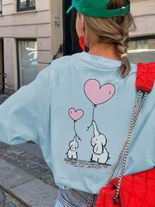 1件女童休闲爱心、气球、大象图案印花圆领短袖T恤，夏季学生少女装 - 激发想象力和自我表达，情人节快乐！ - 淺藍色 - 查看 8