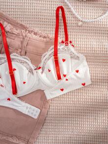 1 套女士白色心形印花蕾丝花边文胸套装