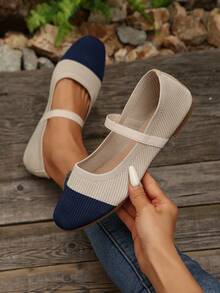 2025 秋季女士休闲软底方头松紧带拼色平底鞋，室内外均可穿着 - 米藍 - 查看 2