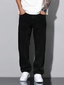 Cotton Straight Leg Washed Jeans With Slanted Pockets, Versatile Wide-Leg Washed Jeans, Loose Straight Fit Couples Style