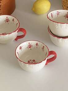 1 pieza/2 piezas/4 piezas Taza de té de la tarde de cerámica con relieve floral rojo estilo coreano Ins, taza de café de cerámica floral vintage, apta para desayuno, leche, postre, agua, oficina, sala de estar, uso diario